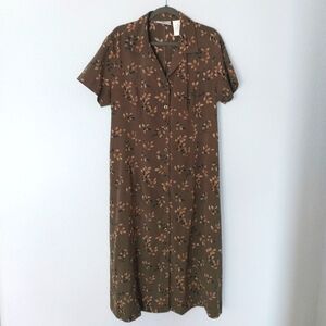 Erika Studio Vintage Olive Green & Tan Leaf Print Short Sleeve Maxi Sheath Dress